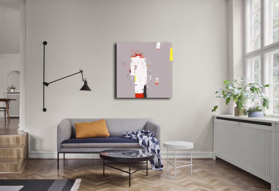 Tableau abstrait beige gris avec des touches de Jaune - Tableau moderne artiste peintre Octave Pixel galerie TACT Art abstrait & contemporain