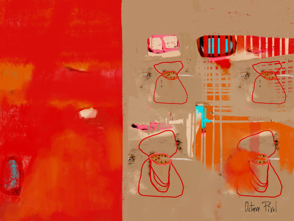  4 histoires, tableau abstrait rouge taupe - Peinture abstraite  artiste peintre Octave Pixel  galerie TACT Art abstrait & contemporain